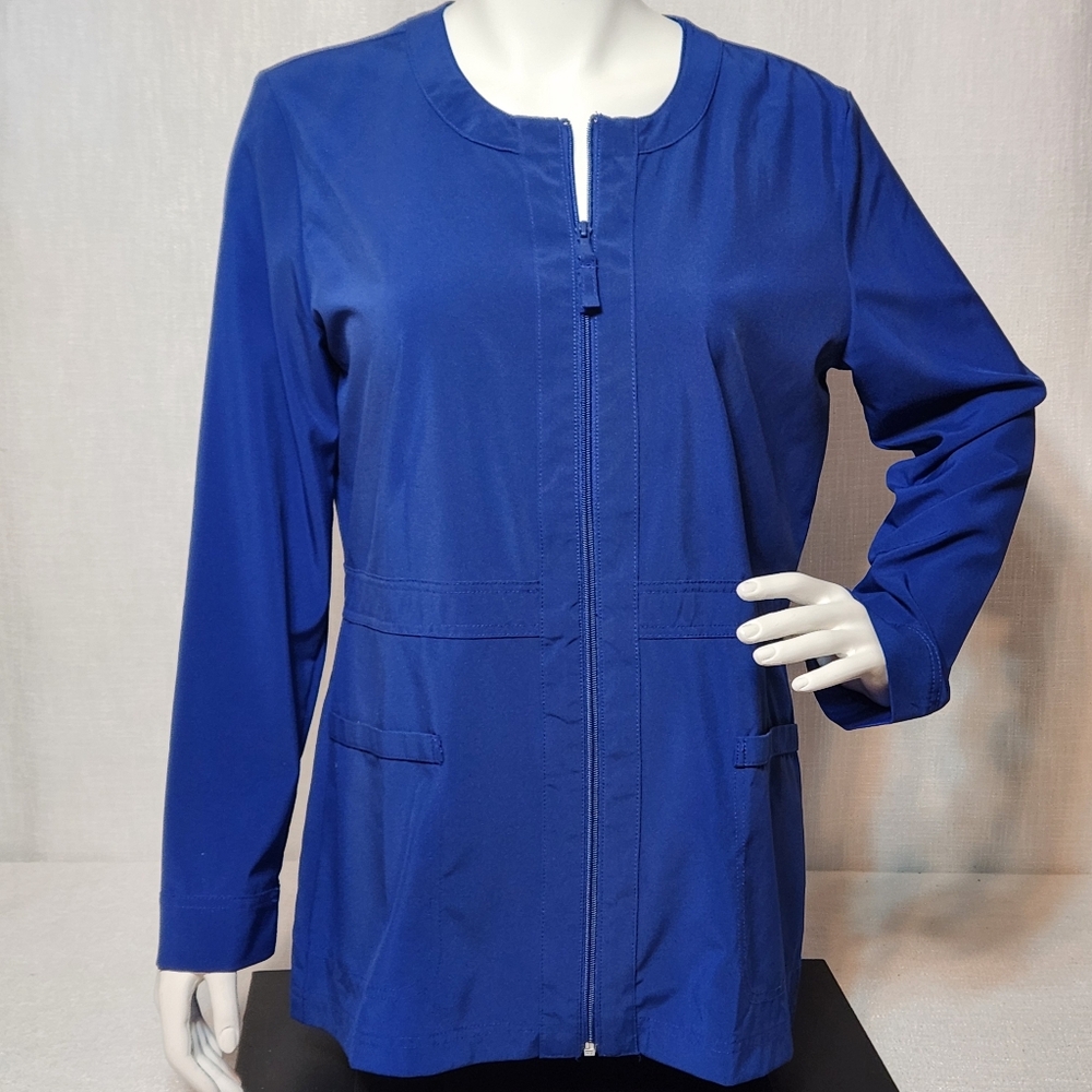 Cherokee Women Warm Up Scrubs Jacket Modern Classic Fit Zip Front Blue Medium